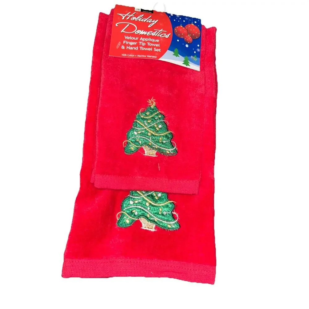 Holiday Domestics Red Christmas Tree‎ Tea Towel Set - Velour Appliqué NEW